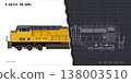 Isolated diesel cargo train. 3d drawing of yellow locomotive. Railway delivery. Outline blueprint. Side, top and front railroad vehicle view 138003510