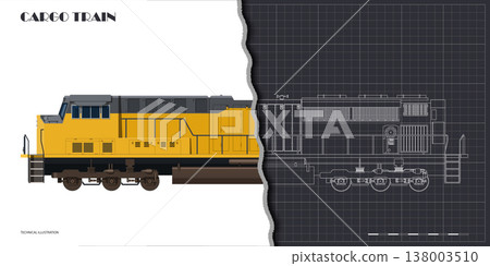Isolated diesel cargo train. 3d drawing of yellow locomotive. Railway delivery. Outline blueprint. Side, top and front railroad vehicle view 138003510