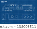 Diesel cargo train. Outline drawing of locomotive. Linear industrial blueprint. Railway delivery. Side, top and front railroad vehicle view 138003511