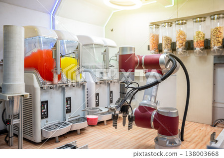 Automated Beverage Production: Robotic Arm Serving Colorful Tropical Juice in smart factory, food industry, manufacturing technology. Automated Beverage Production: Robotic Arm Serving Colorful Tropical Juice in smart factory, food industry, manufacturing technology. 138003668