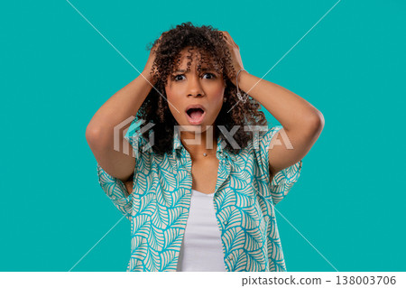 Fearful confused african american woman heard bad news. frightened Girl feeling sorrow, regret, drama, failure. She doesnt believe. Fearful confused african american woman heard bad news. frightened Girl feeling sorrow, regret, drama, failure. She doesnt believe. 138003706