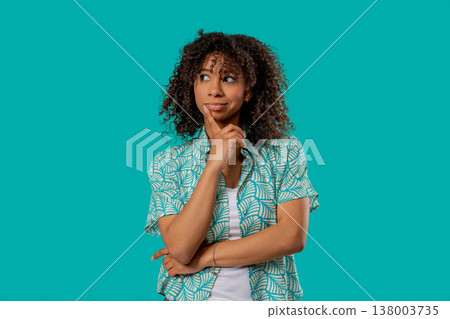 Thoughtful around teenage girl weighing options. Puzzled Lady Looking for Answer Thoughtful around teenage girl weighing options. Puzzled Lady Looking for Answer 138003735