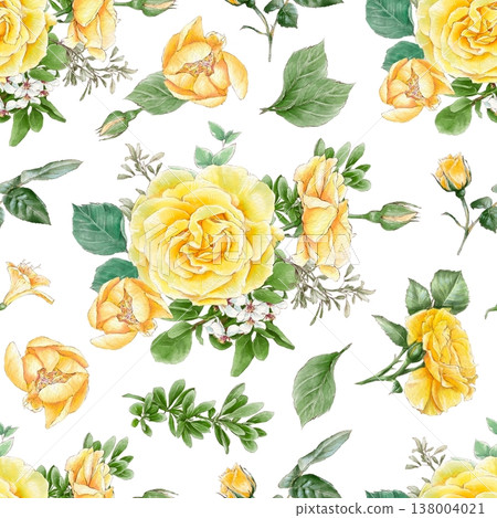 Watercolor illustration of a seamless pattern of delicate flowers and leaves, roses, and daisies. Hand-drawn. Watercolor illustration of a seamless pattern of delicate flowers and leaves, roses, and daisies. Hand-drawn. 138004021