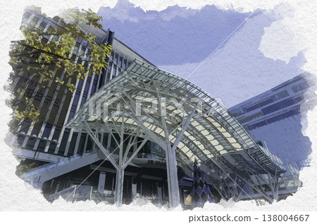 福岡縣福岡市博多站博多出口的水彩風格繪畫。 138004667