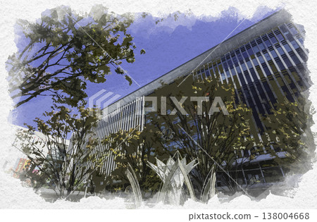 福岡縣福岡市博多站博多出口的水彩風格繪畫。 138004668