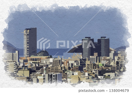 Watercolor style painting of the area around Fukuoka Dome in Fukuoka City, Fukuoka Prefecture. 138004679