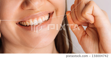 Woman flossing teeth with dental floss string, close up smile and oral hygiene routine Woman flossing teeth with dental floss string, close up smile and oral hygiene routine 138004742