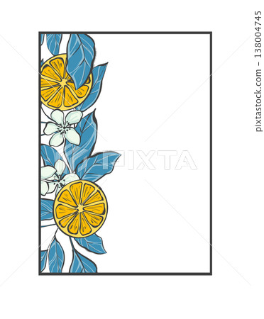 Rectangular frame with yellow citrus slices, white flowers and blue leaves along one side in original hand drawn illustration Rectangular frame with yellow citrus slices, white flowers and blue leaves along one side in original hand drawn illustration 138004745