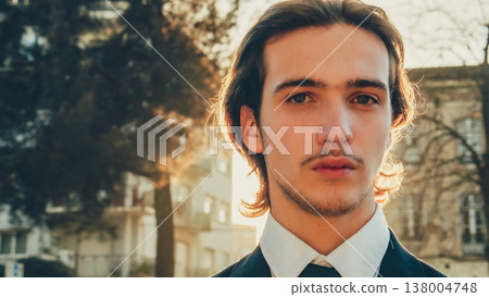 Young confident businessman looking to the camera, outdoors. Portrait of the Handsome White man with brown hair, in the city, on summer. Stylish man in business suit, on the street. People lifestyle Young confident businessman looking to the camera, outdoors. Portrait of the Handsome White man with brown hair, in the city, on summer. Stylish man in business suit, on the street. People lifestyle 138004748