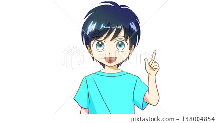 一幅動漫風格的插圖，描繪了一個穿著夏裝的男孩，面帶微笑，在白色背景前講解、引導和介紹某物。 138004854