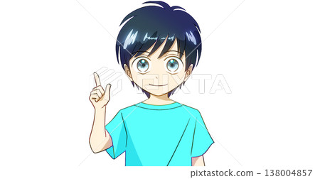 一幅動漫風格的插圖，描繪了一個穿著夏裝、表情積極的男孩，在白色背景前解釋、引導和介紹某物。 138004857