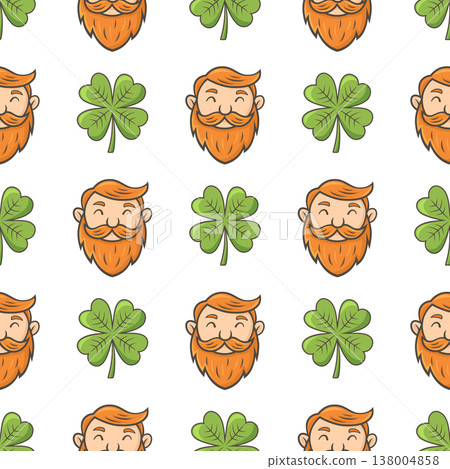 St. Patrick's Day seamless pattern with leprechaun and clover leaf 138004858