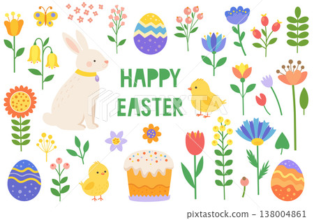 Abstract Easter Vector Set with Bunny, Chick, Eggs and Flowers Abstract Easter Vector Set with Bunny, Chick, Eggs and Flowers 138004861