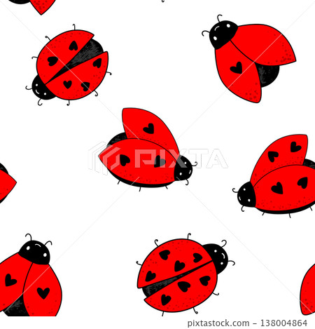 Cartoon kawaii ladybug baby seamless pattern. Background of Ladybirds with a cute hearts on wings. Vector illustration 138004864