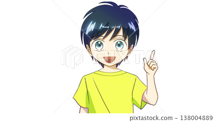 一幅動漫風格的插圖，描繪了一個穿著夏裝的男孩，面帶微笑，在白色背景前講解、引導和介紹某物。 138004889