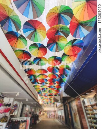 Street decorated with colorful hanging umbrellas in Fethiye Turkey 138005050