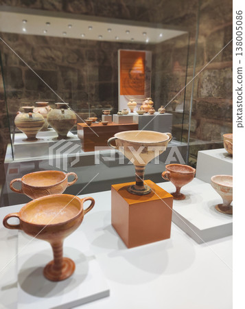 Ancient Mycenaean pottery display in the Museum of Underwater Archaeology in Bodrum, Turkey Ancient Mycenaean pottery display in the Museum of Underwater Archaeology in Bodrum, Turkey 138005086