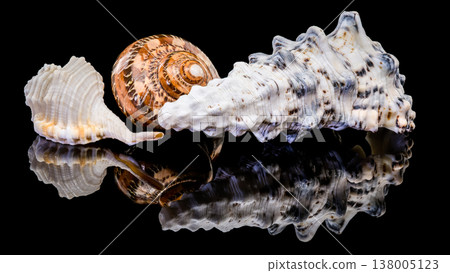 Composition of seashells with reflection on black background Composition of seashells with reflection on black background 138005123