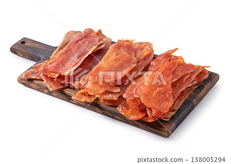 Three types of meat chips from pork, chicken and turkey on the board isolated on a white background, raw smoked snack to beer, sharpness across the object Three types of meat chips from pork, chicken and turkey on the board isolated on a white background, raw smoked snack to beer, sharpness across the object 138005294
