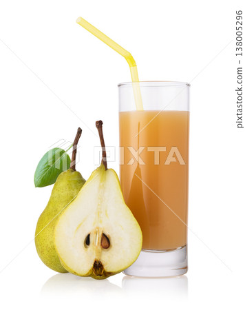 Pear juice with pulp in glass and fruits cut in half isolated on white background, design element Pear juice with pulp in glass and fruits cut in half isolated on white background, design element 138005296