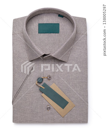 Linen short-sleeved shirt in brown mocha color isolated on white background, top view Linen short-sleeved shirt in brown mocha color isolated on white background, top view 138005297