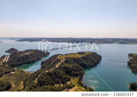 Aerial View of Catalan Bridge and Reservoir in Adana, Turkey 138005317