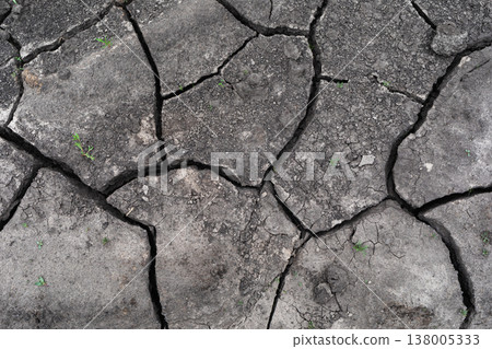 Texture of the surface of black soil cracked from drought with very small grass shoots. Genuine photo, not generated by AI Texture of the surface of black soil cracked from drought with very small grass shoots. Genuine photo, not generated by AI 138005333