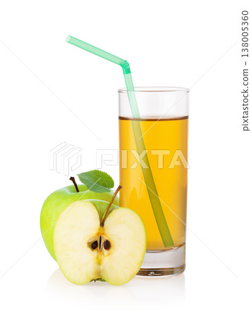 Apple juice with a straw in a glass and green apples isolated on a white background, design element, authentic photograph, not AI-generated 138005360