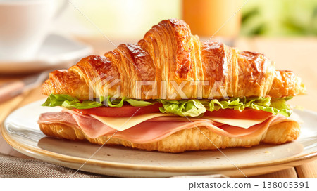 一張淺盤裡裝著一個牛角麵包三明治，放在一張明亮的木桌上，鏡頭特寫。 138005391