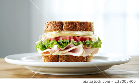 特寫鏡頭：一個火雞三明治放在白色盤子裡，盤子放在明亮的木桌上。 138005406