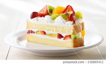 A close-up of a fruit sandwich on a white plate on a bright wooden table. 138005411