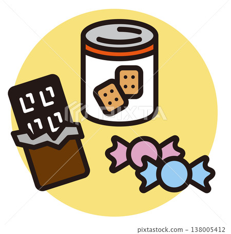 Emergency food illustrations. Vector images of chocolate, hardtack, and candy. 138005412