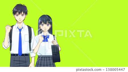 Anime-style illustration of a student in summer clothes with a bright smile and a backpack and school bag 138005447