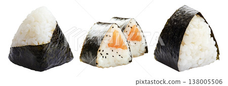 Japanese salmon onigiri rice ball wrapped in nori seaweed, isolated on white background, Asian cuisine concept Japanese salmon onigiri rice ball wrapped in nori seaweed, isolated on white background, Asian cuisine concept 138005506