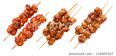 Grilled Korean Dakkochi chicken skewers coated in glossy sesame glaze,isolated on white background, Asian cuisine 138005507