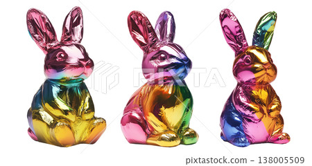 Set of metallic rabbit shaped balloon with vibrant colors including pink, gold, blue, and green, on white transparent background 138005509