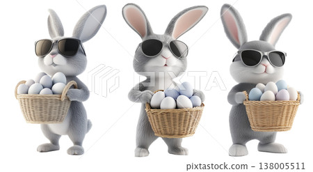 Set of gray Easter bunny wearing black sunglasses, holding wicker basket filled with pastel Easter eggs isolated on white Set of gray Easter bunny wearing black sunglasses, holding wicker basket filled with pastel Easter eggs isolated on white 138005511