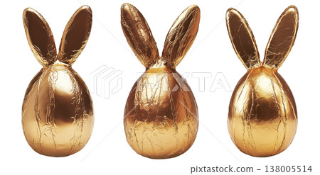 Set of Golden foil wrapped Easter chocolate shaped like a bunny with ears, isolated on white transparent background Set of Golden foil wrapped Easter chocolate shaped like a bunny with ears, isolated on white transparent background 138005514