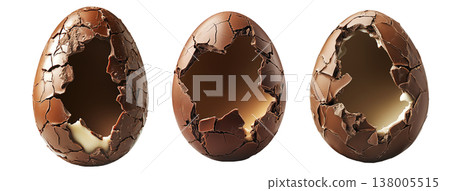 Set of Cracked Easter chocolate egg with hollow center, isolated on white transparent background. Festive holiday candy concept 138005515