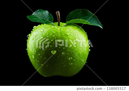Green apple with leaves and water droplets isolated on black background with clipping path, concept of freshness and purity Green apple with leaves and water droplets isolated on black background with clipping path, concept of freshness and purity 138005517