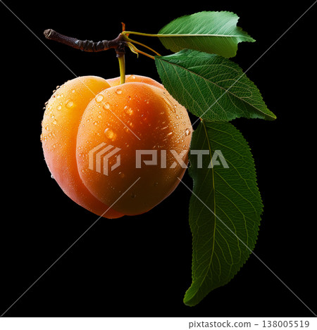 Fresh apricot with water droplets and green leaves isolated on black background with clipping path concept of freshness and nature Fresh apricot with water droplets and green leaves isolated on black background with clipping path concept of freshness and nature 138005519