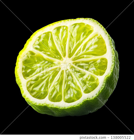 Closeup of sliced bergamot fruits or lime isolated on black background with clipping path, concept of freshness and citrus aroma Closeup of sliced bergamot fruits or lime isolated on black background with clipping path, concept of freshness and citrus aroma 138005522
