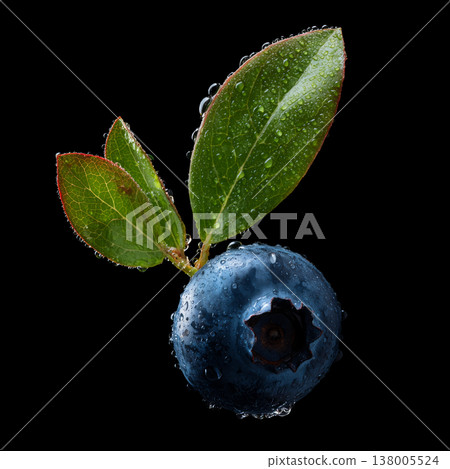 Closeup of blueberries or bilberry with leaves isolated on black background with clipping path, concept of freshness and nutrition 138005524