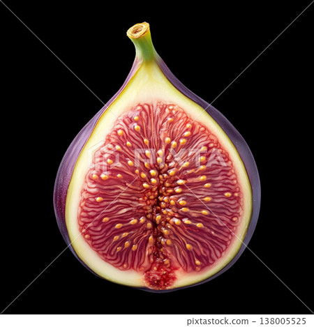 A ripe fig half in closeup, isolated on black background with clipping path, concept freshness and natural nutrition 138005525