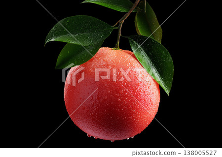 Fresh grapefruit with wet green leaves isolated on a black backdrop with clipping path, expressing freshness and natural vitality Fresh grapefruit with wet green leaves isolated on a black backdrop with clipping path, expressing freshness and natural vitality 138005527