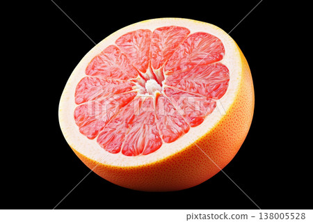 Half grapefruit shown in close detail, isolated on black background with clipping path, concept of freshness and healthy food Half grapefruit shown in close detail, isolated on black background with clipping path, concept of freshness and healthy food 138005528