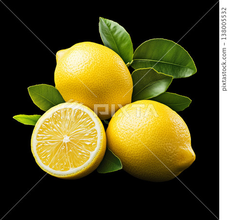 Fresh lemons with leaves and water drops isolated on black background with clipping path, symbolizing freshness and purity 138005532