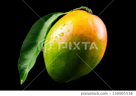 Ripe mango with leaves isolated on black background with clipping path, concept of freshness and tropical nutrition Ripe mango with leaves isolated on black background with clipping path, concept of freshness and tropical nutrition 138005536