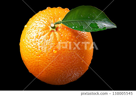 Fresh orange with leaf and water droplets isolated on black background with clipping path, concept freshness and natural quality Fresh orange with leaf and water droplets isolated on black background with clipping path, concept freshness and natural quality 138005545