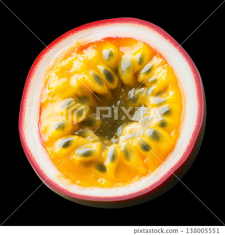Closeup of juicy passion fruit half isolated on black background with clipping path, concept of freshness and tropical flavor Closeup of juicy passion fruit half isolated on black background with clipping path, concept of freshness and tropical flavor 138005551